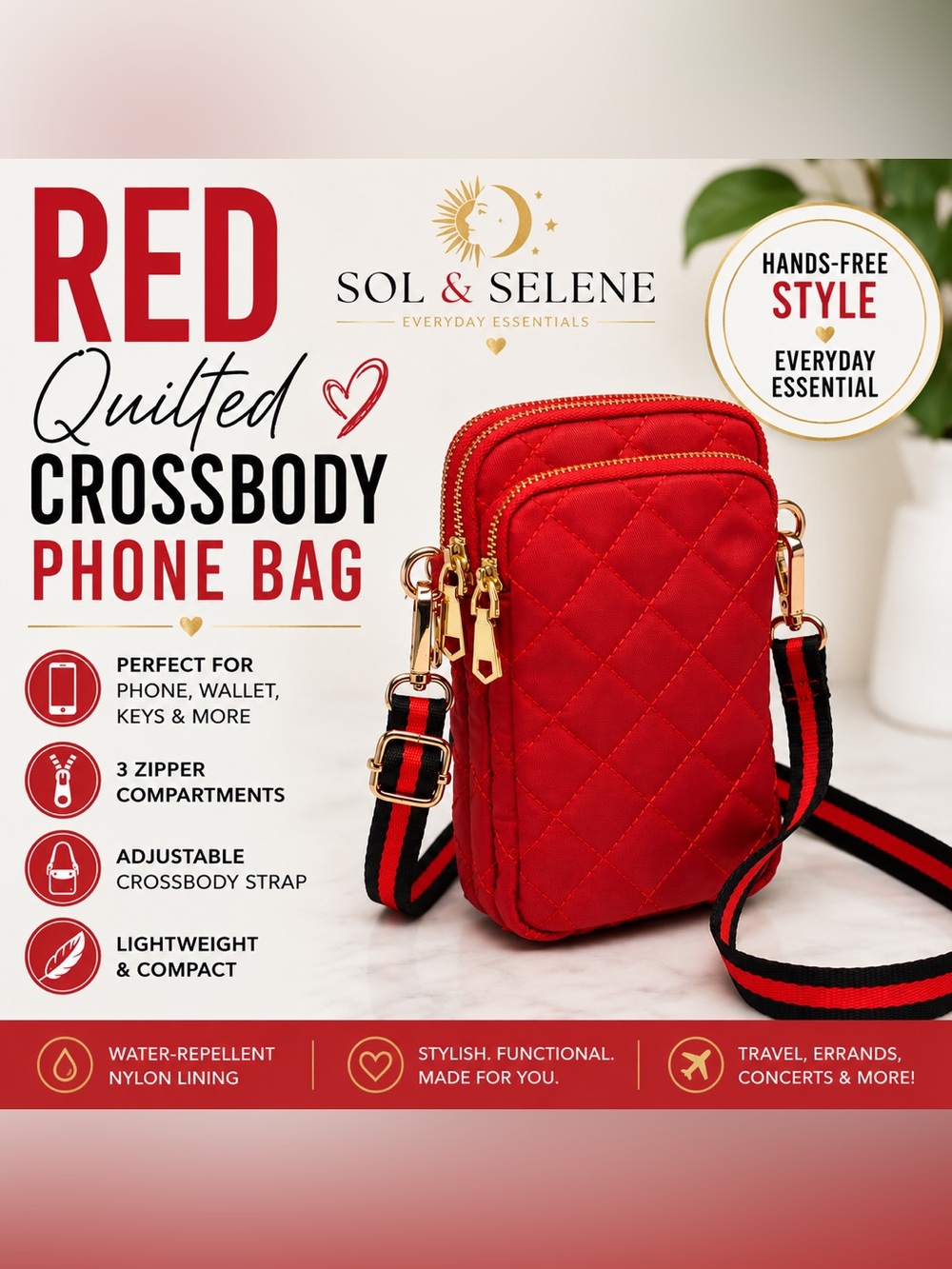 Sole and Selene - Quilted Red Crossbody Phone Bag with Adjustable Strap